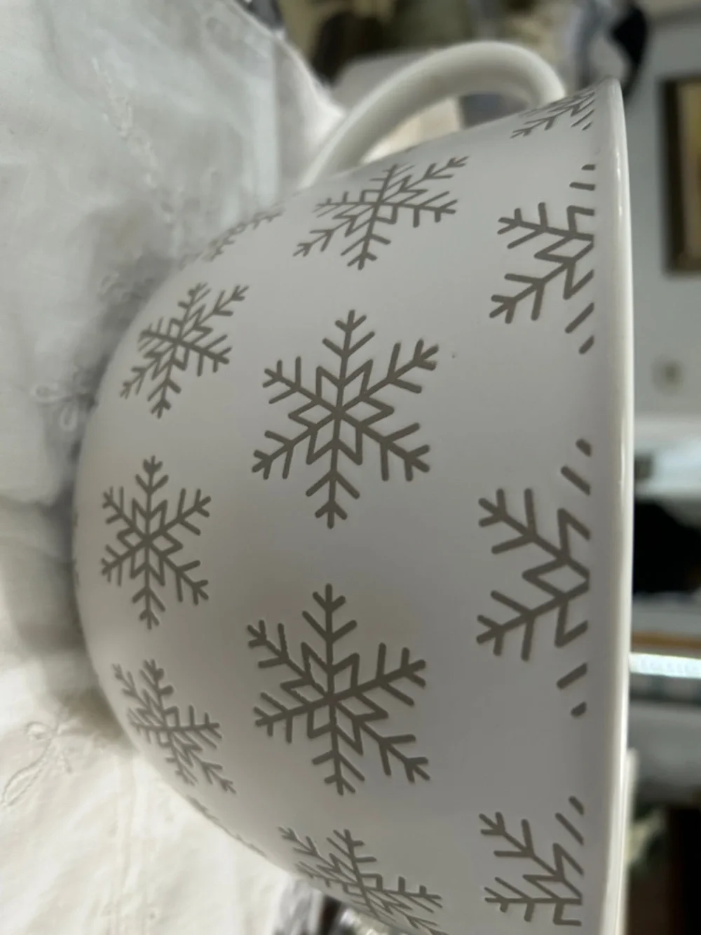 Crate&Barrel White and Silver Snowflake Mixing Bowl
